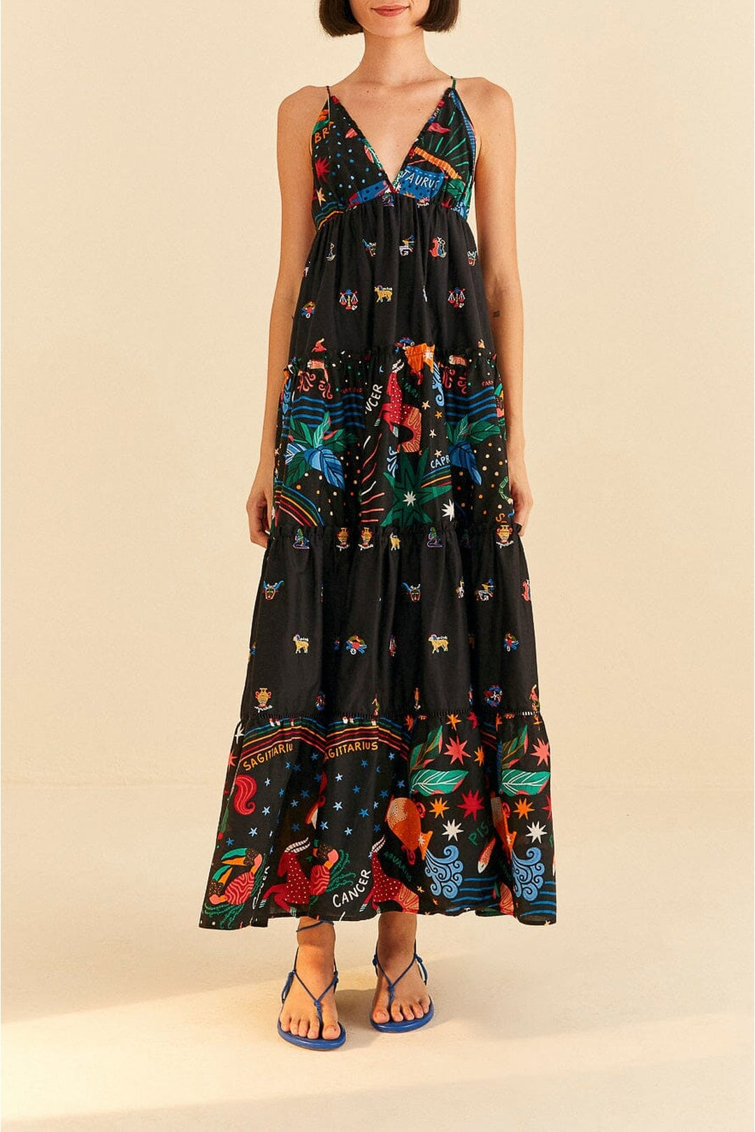Robe longue brodée Zodiac en coton - Noir