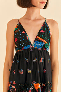 Robe longue brodée Zodiac en coton - Noir
