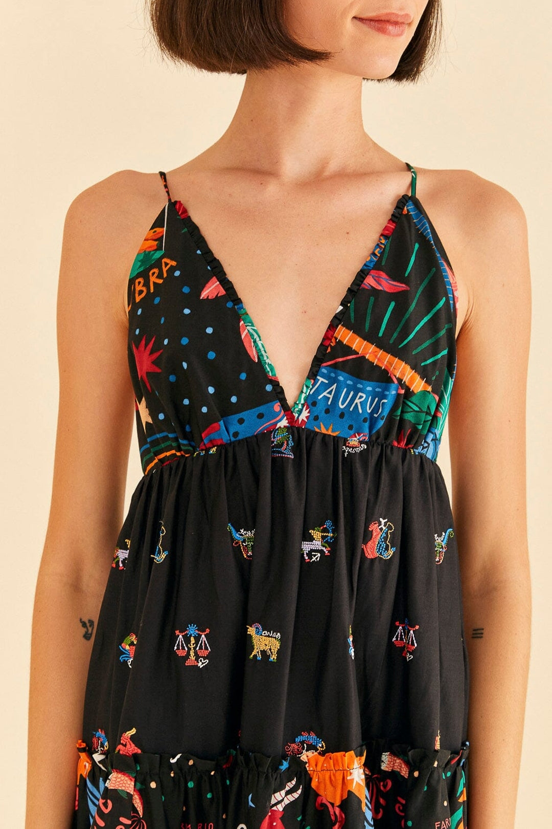 Robe longue brodée Zodiac en coton - Noir