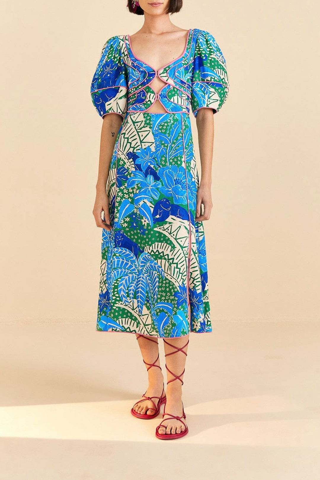 Robe midi Jungle Panther en lin - Bleu