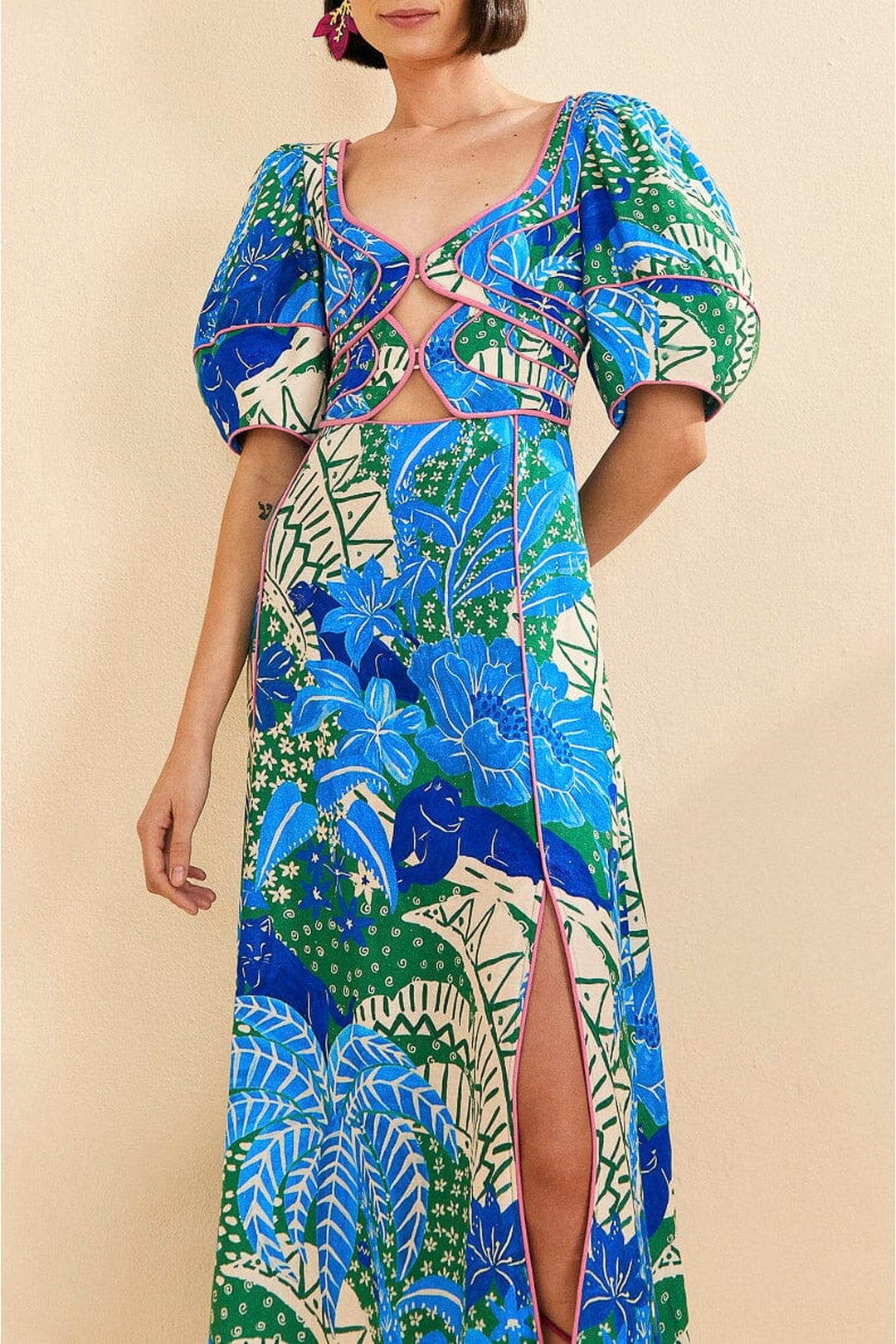 Robe midi Jungle Panther en lin - Bleu