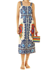 Robe midi Flower Tapestry en lin - Bleu