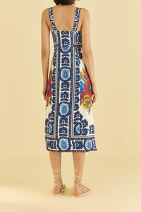 Robe midi Flower Tapestry en lin - Bleu