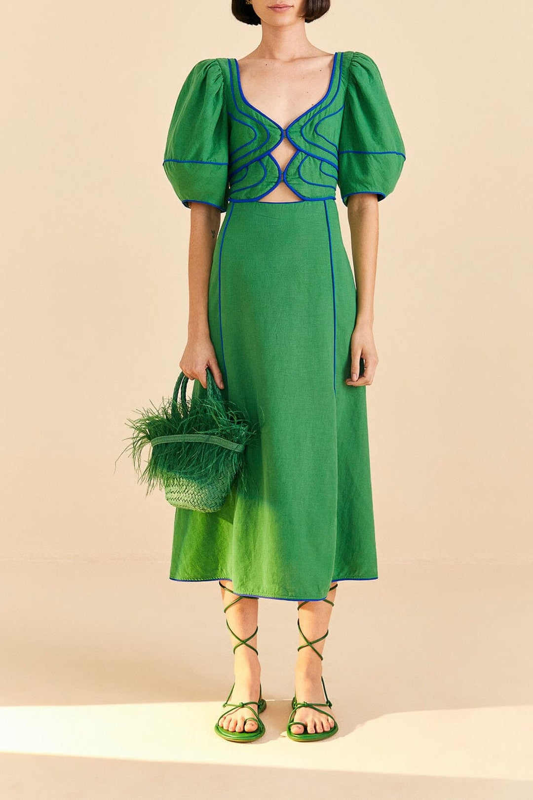 Robe midi surpiquée en lin - Vert