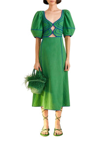 Robe midi surpiquée en lin - Vert