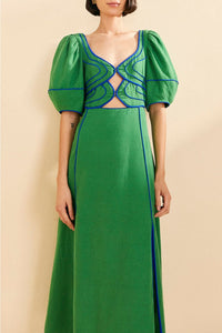 Robe midi surpiquée en lin - Vert