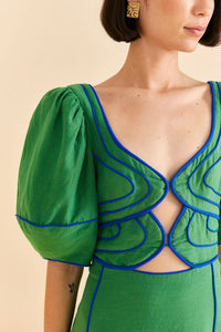 Robe midi surpiquée en lin - Vert