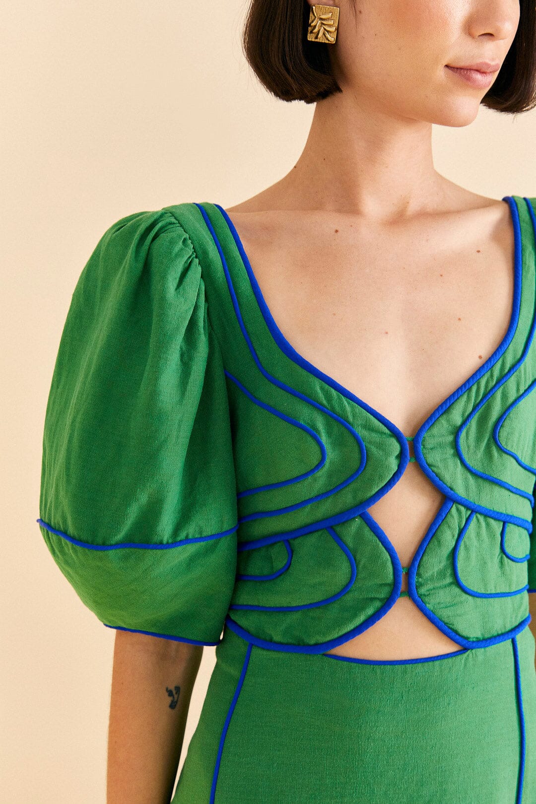 Robe midi surpiquée en lin - Vert
