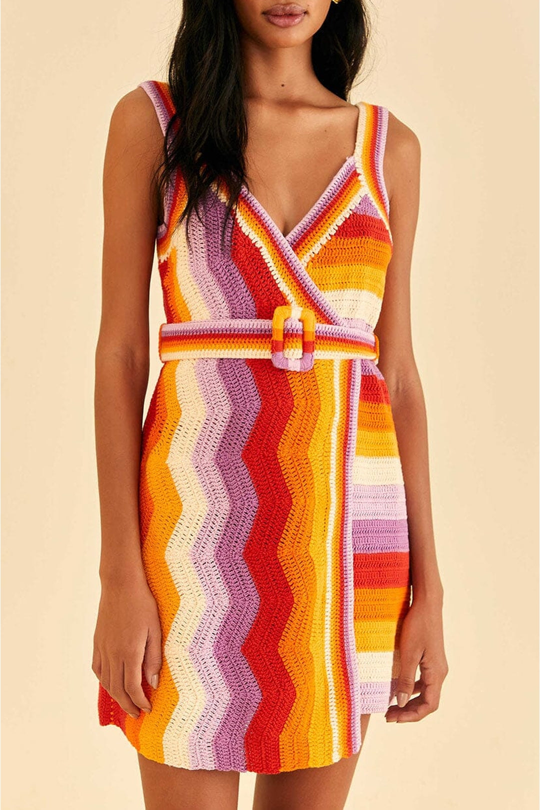 Robe courte à rayures en crochet en coton - Orange
