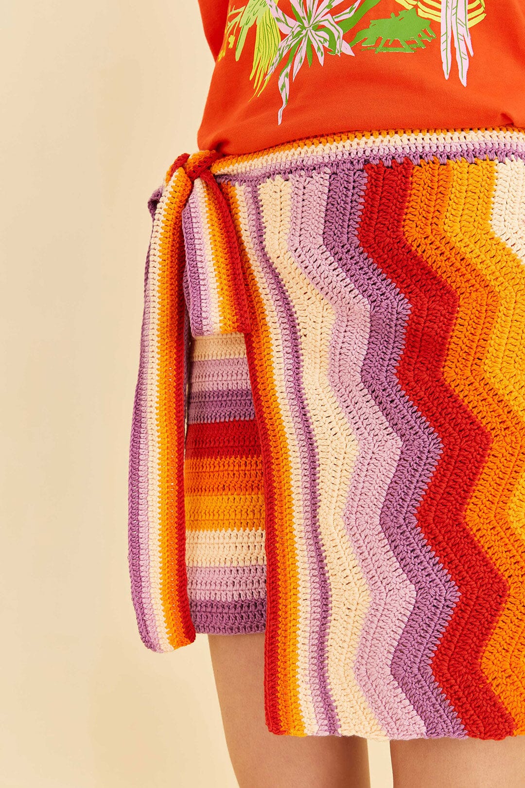 Mini jupe crochetée à rayures multiples en coton - Orange