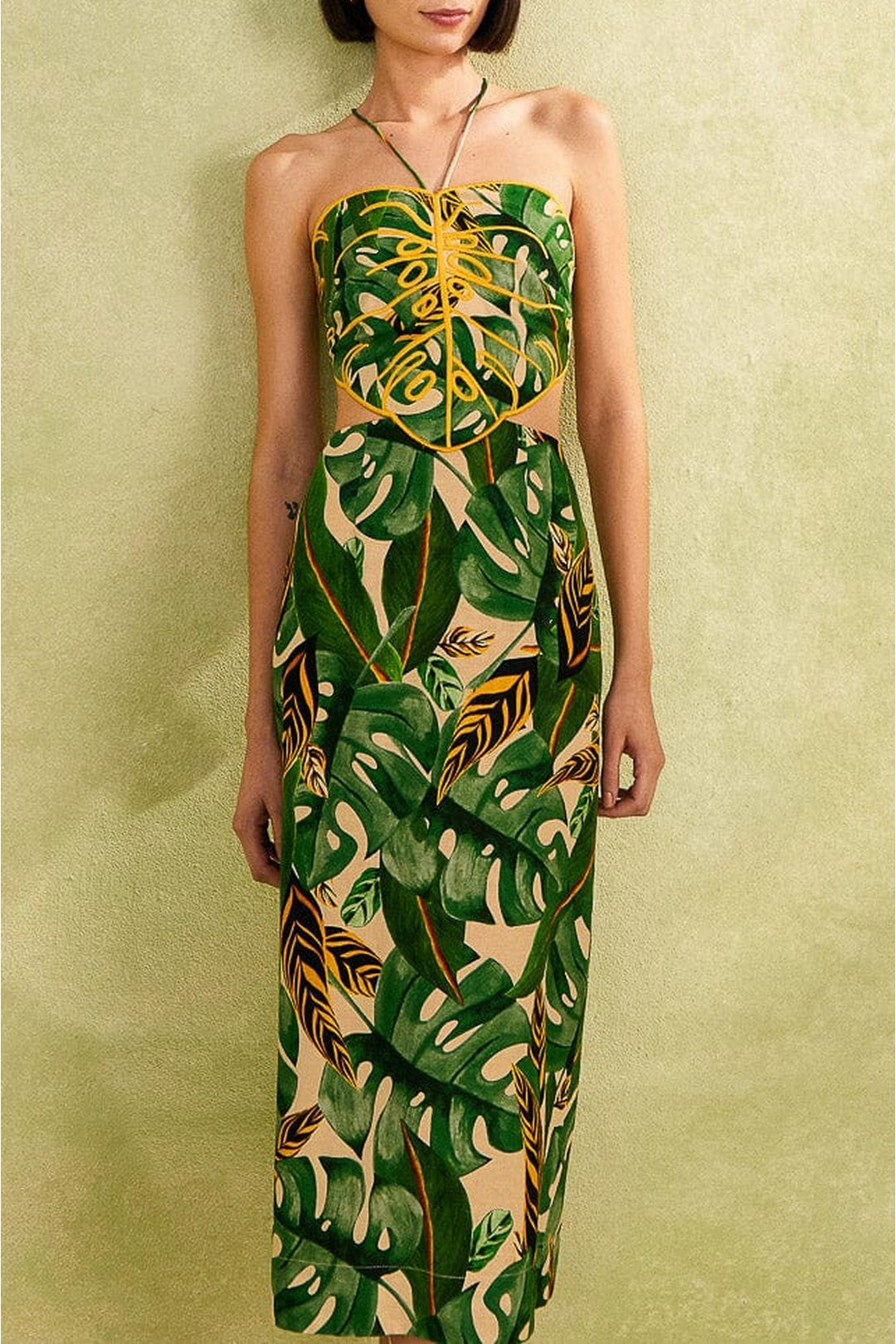 Robe midi Tropical Leaves en lin - Vert