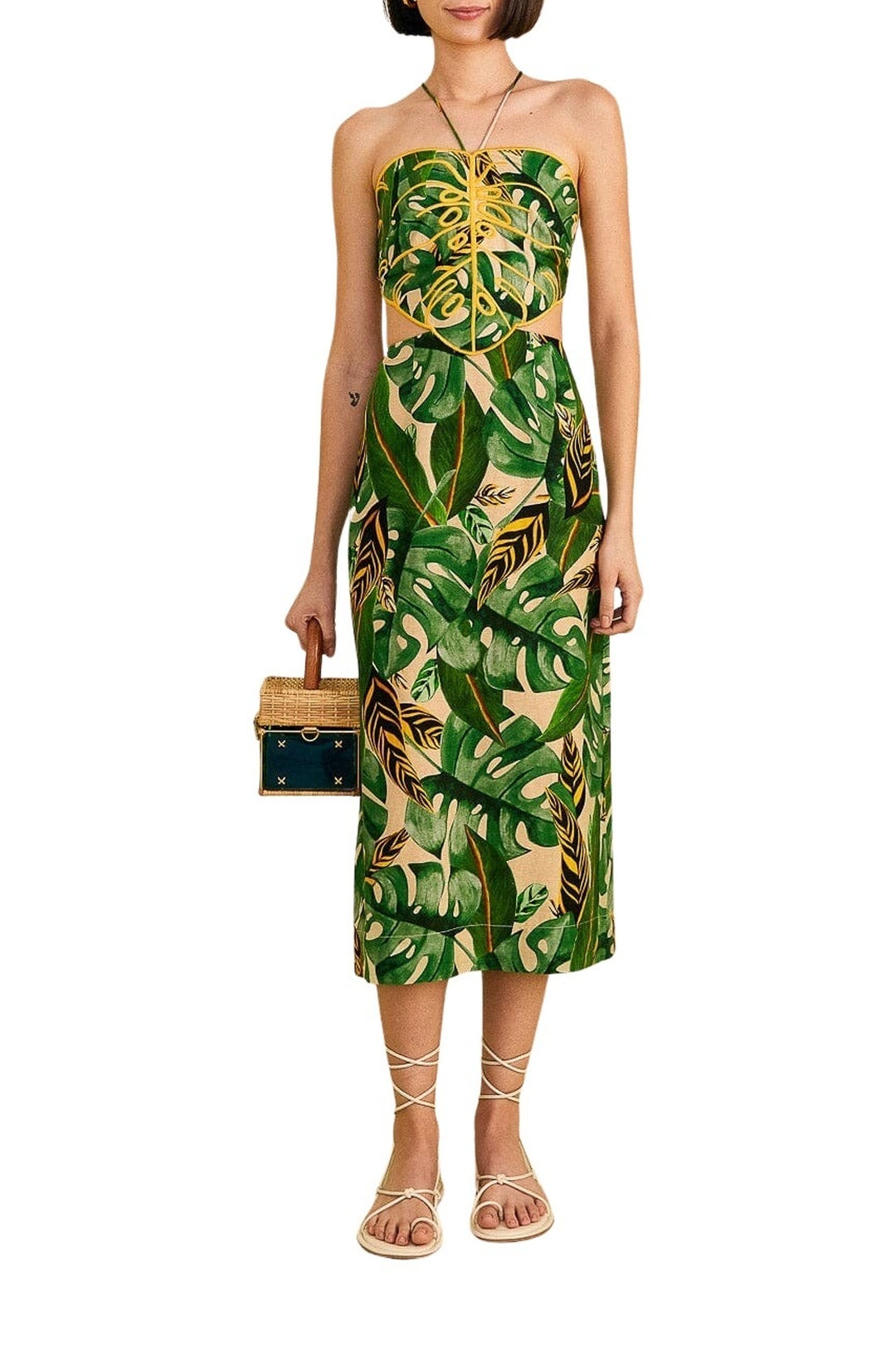 Robe midi Tropical Leaves en lin - Vert