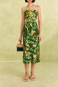 Robe midi Tropical Leaves en lin - Vert