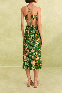 Robe midi Tropical Leaves en lin - Vert