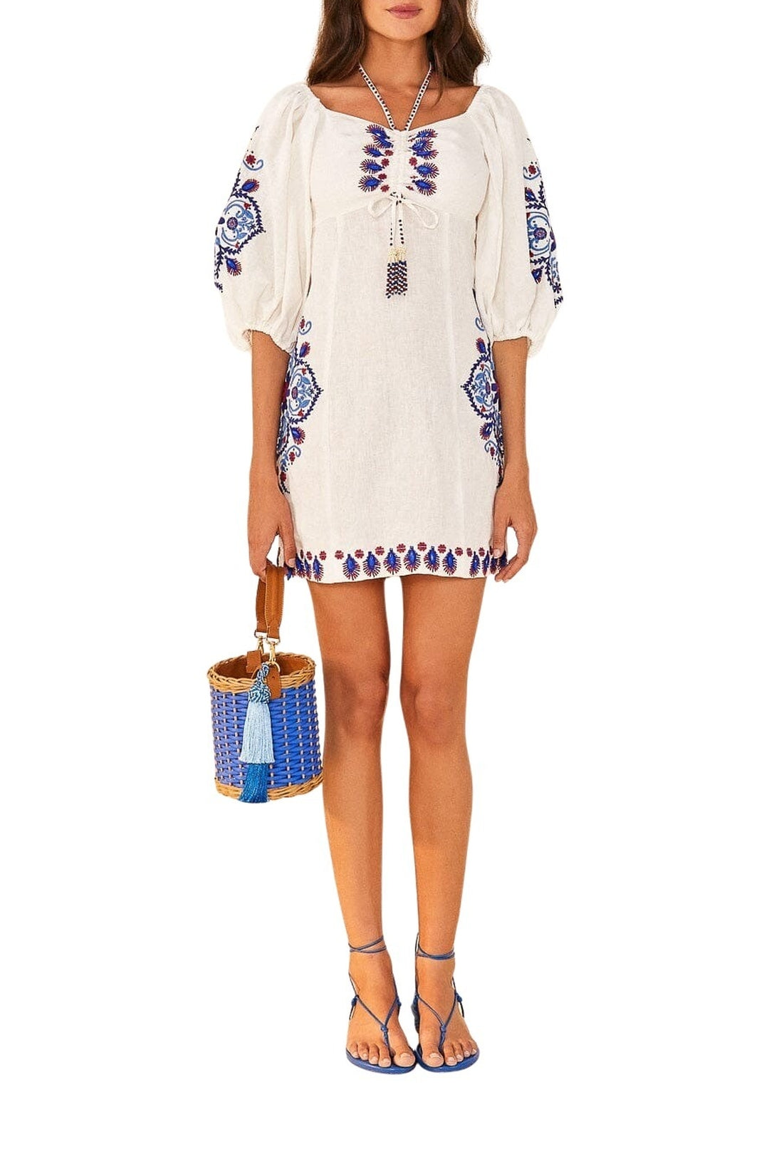Robe courte Off-White Embroidery en lin - Blanc