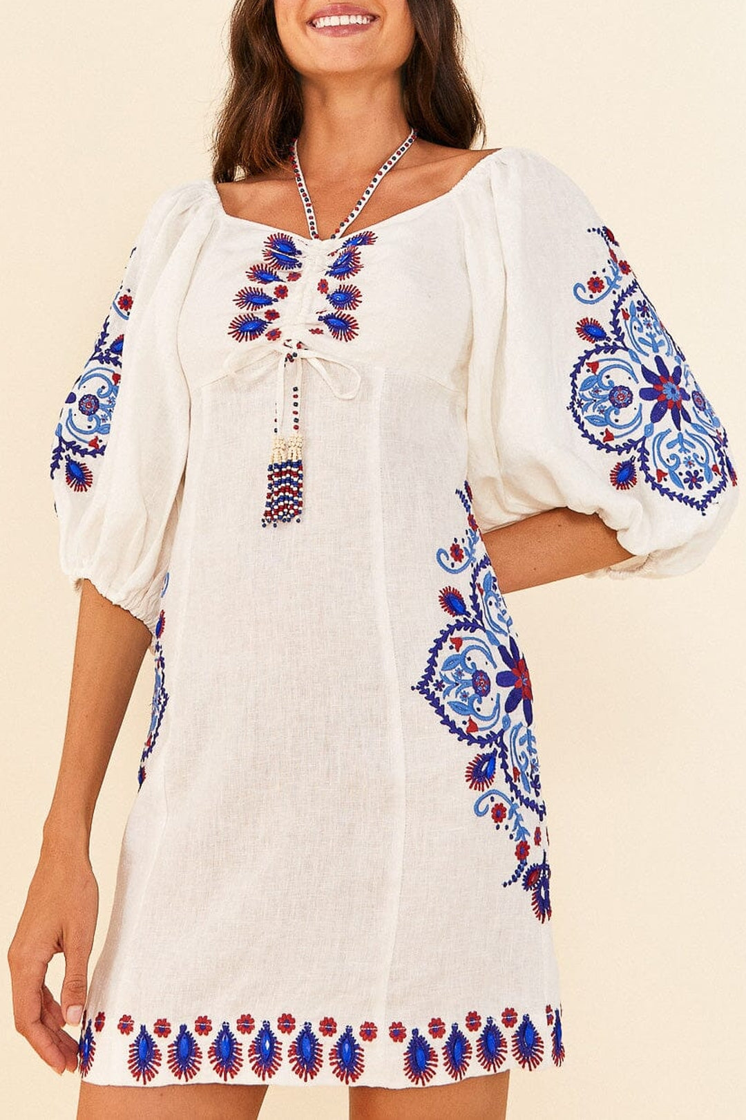 Robe courte Off-White Embroidery en lin - Blanc