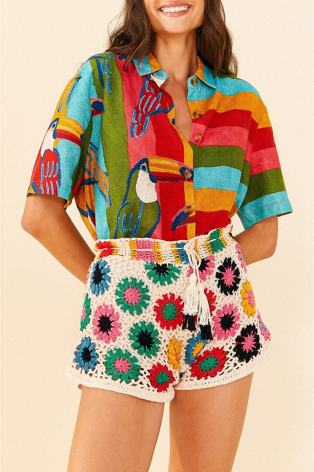 Short Multi Circles en crochet en coton - Multicolore
