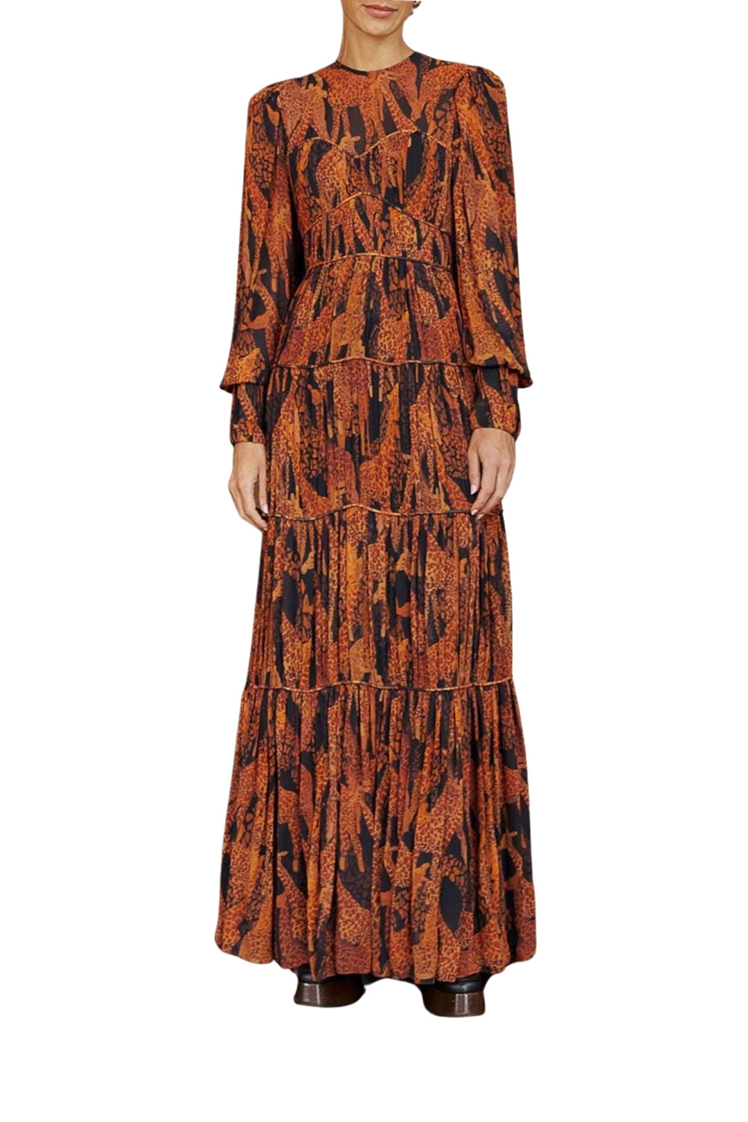 Robe longue Giraffes à manches bouffantes - Marron