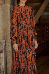 Robe longue Giraffes à manches bouffantes - Marron