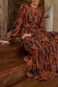 Robe longue Giraffes à manches bouffantes - Marron