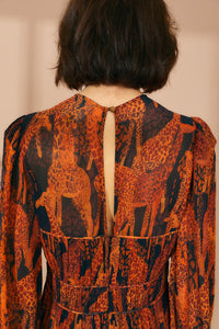 Robe longue Giraffes à manches bouffantes - Marron