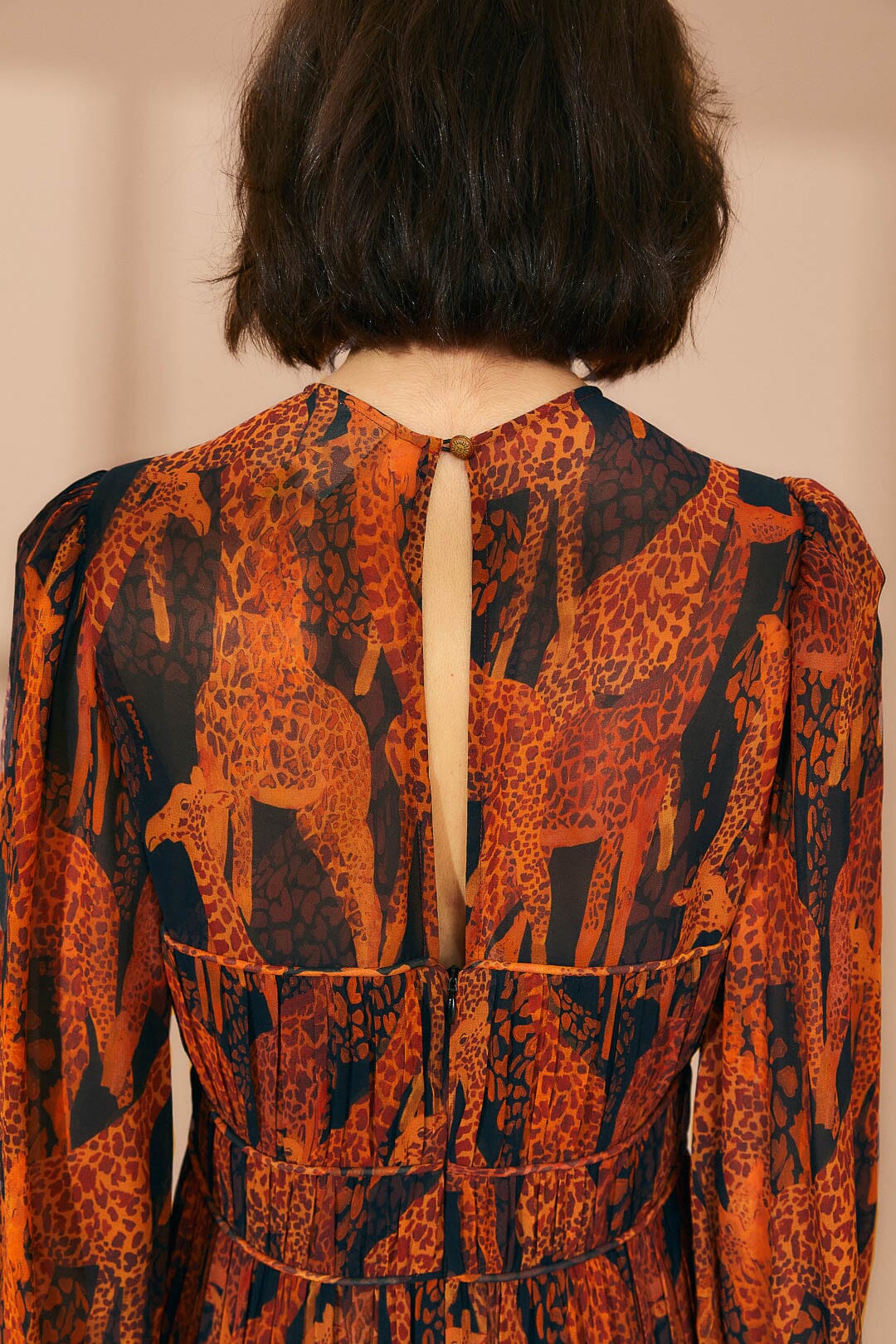 Robe longue Giraffes à manches bouffantes - Marron