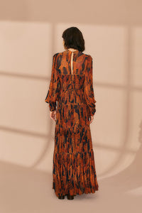 Robe longue Giraffes à manches bouffantes - Marron