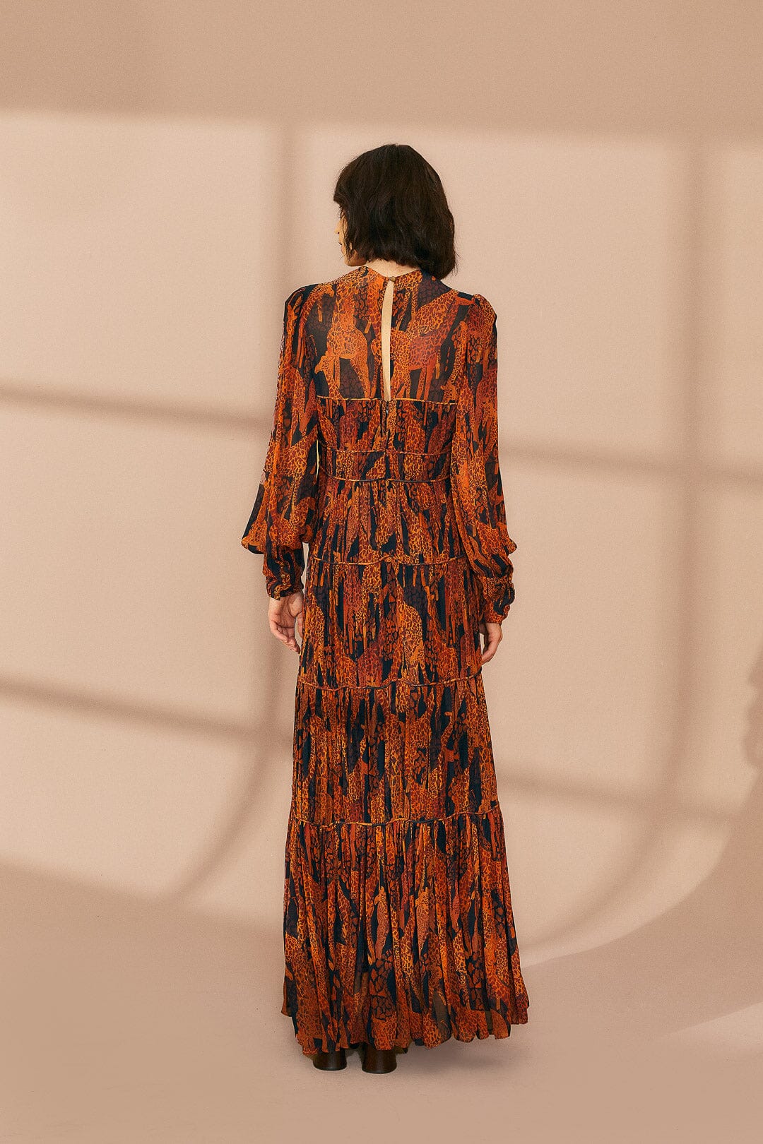Robe longue Giraffes à manches bouffantes - Marron