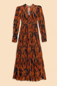Robe longue Giraffes à manches bouffantes - Marron