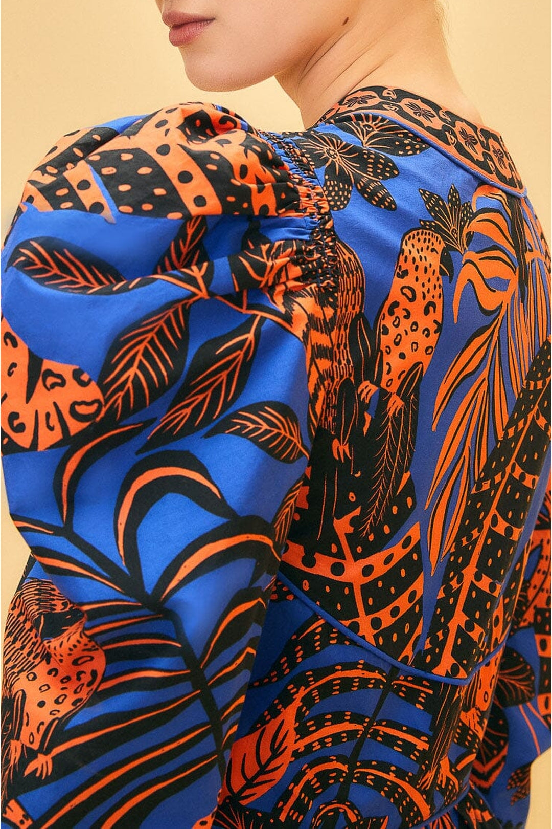 Robe courte Tropical Gold à manches courtes en coton - Bleu