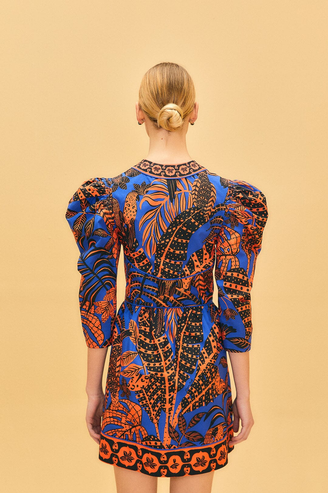 Robe courte Tropical Gold à manches courtes en coton - Bleu