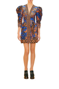 Robe courte Tropical Gold à manches courtes en coton - Bleu