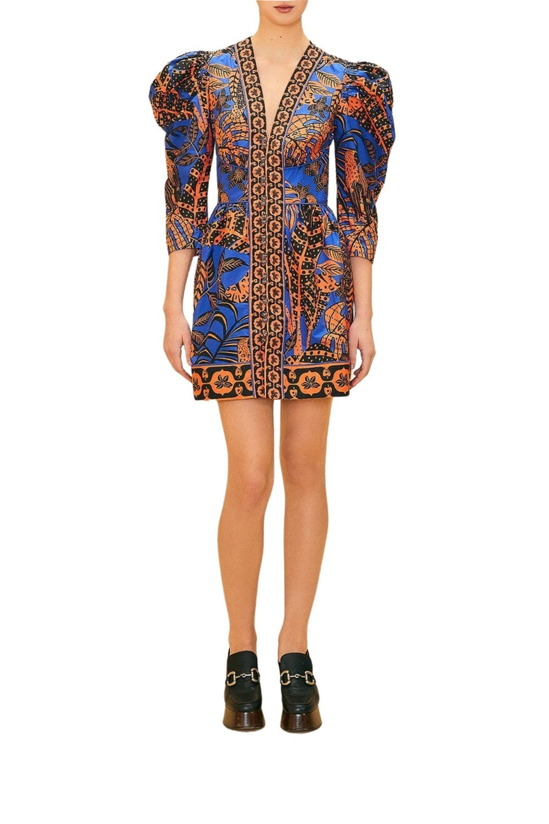 Robe courte Tropical Gold à manches courtes en coton - Bleu