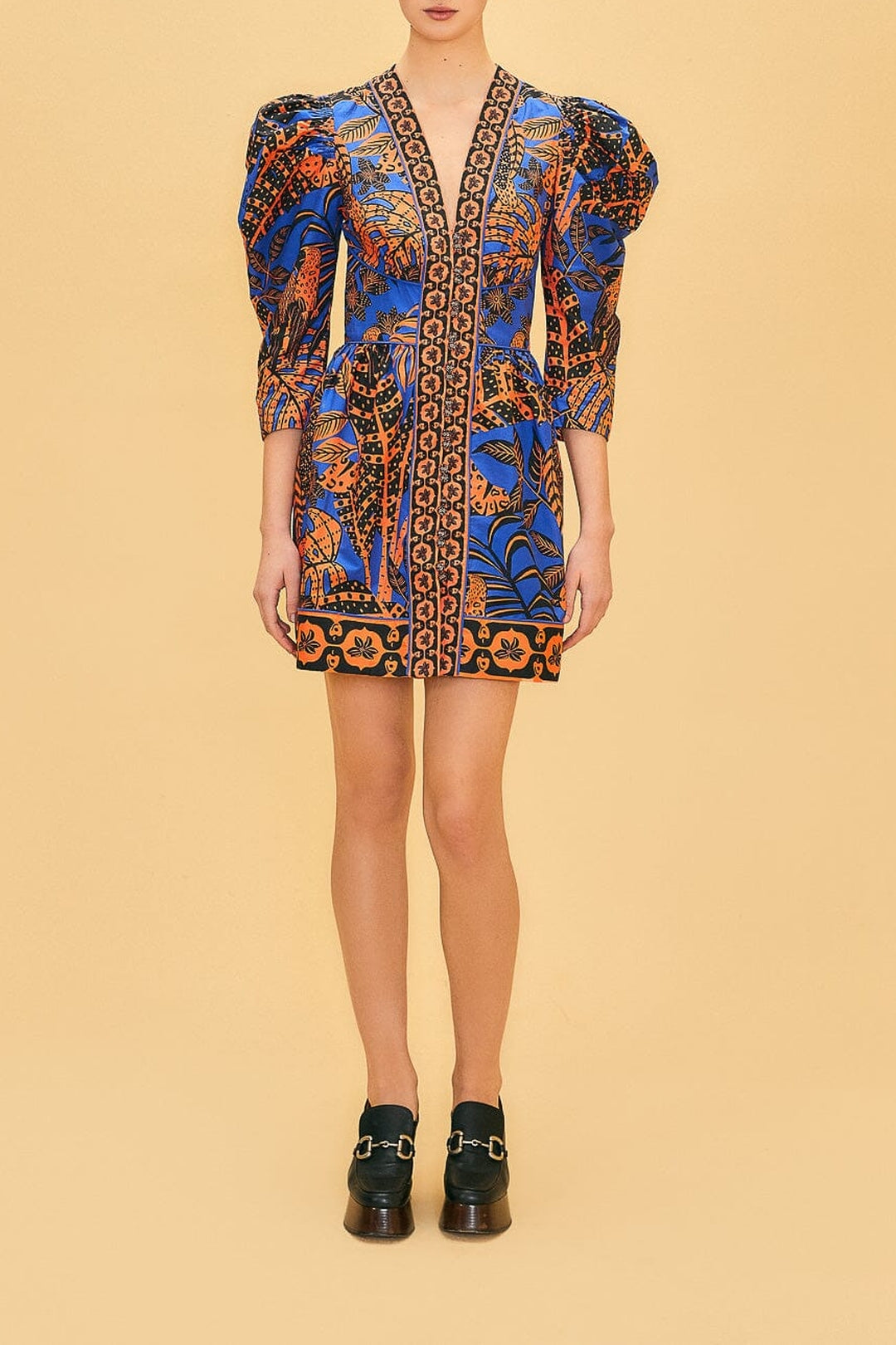 Robe courte Tropical Gold à manches courtes en coton - Bleu