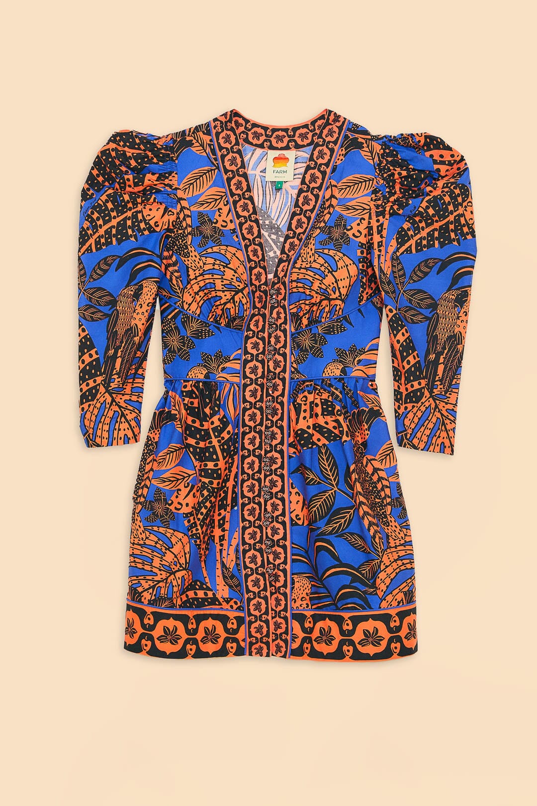 Robe courte Tropical Gold à manches courtes en coton - Bleu