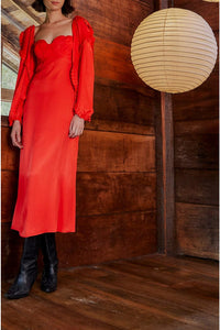 Robe midi à manches longues et encolure en cœur en coton - Rouge