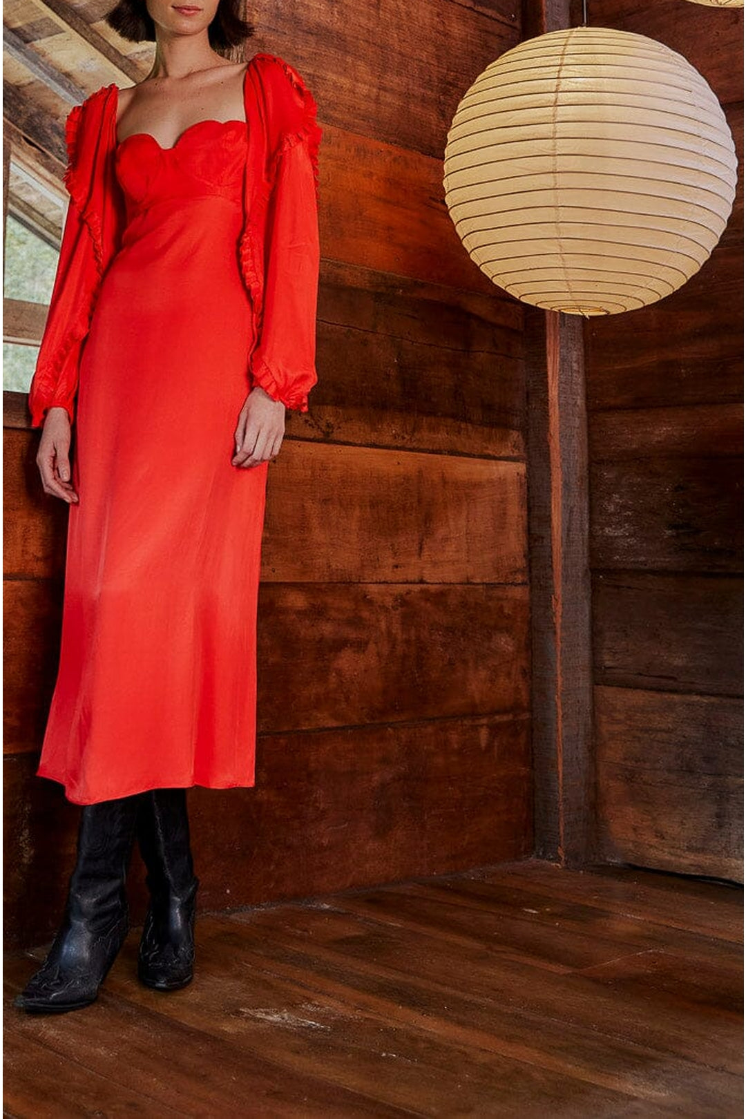 Robe midi à manches longues et encolure en cœur en coton - Rouge