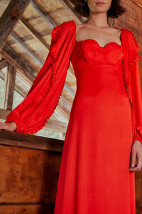 Robe midi à manches longues et encolure en cœur en coton - Rouge