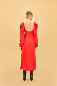 Robe midi à manches longues et encolure en cœur en coton - Rouge