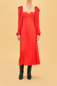 Robe midi à manches longues et encolure en cœur en coton - Rouge