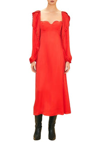 Robe midi à manches longues et encolure en cœur en coton - Rouge