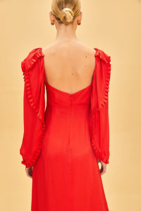 Robe midi à manches longues et encolure en cœur en coton - Rouge