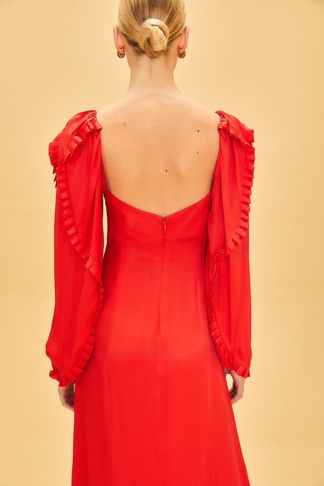 Robe midi à manches longues et encolure en cœur en coton - Rouge