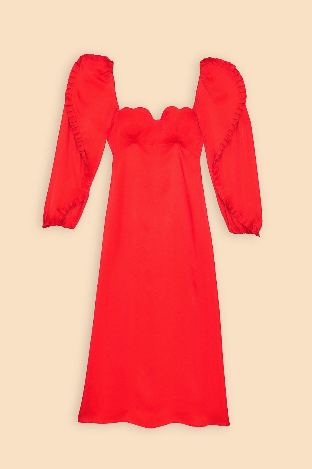 Robe midi à manches longues et encolure en cœur en coton - Rouge