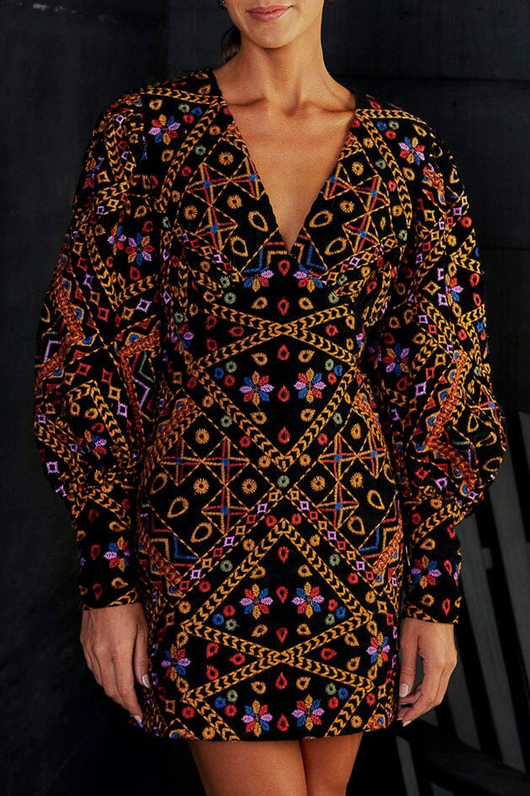 Robe courte à manches bouffantes en velours côtelé brodé - Marron