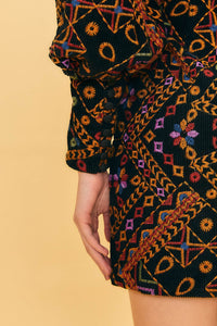 Robe courte à manches bouffantes en velours côtelé brodé - Marron