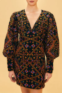 Robe courte à manches bouffantes en velours côtelé brodé - Marron