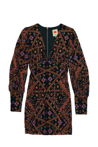 Robe courte à manches bouffantes en velours côtelé brodé - Marron