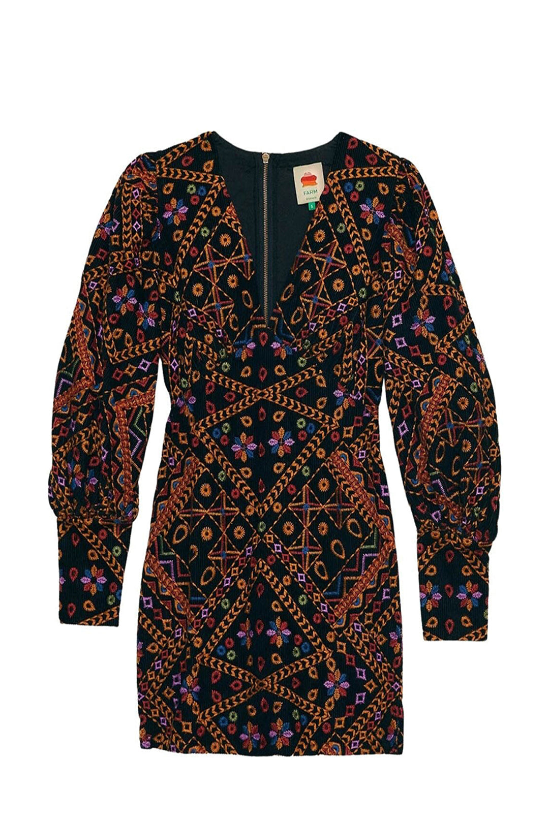 Robe courte à manches bouffantes en velours côtelé brodé - Marron