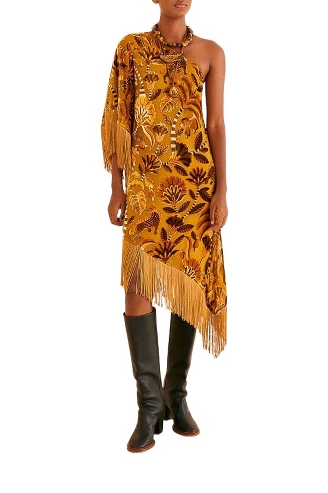 Robe midi asymétrique à franges en velours - Jaune